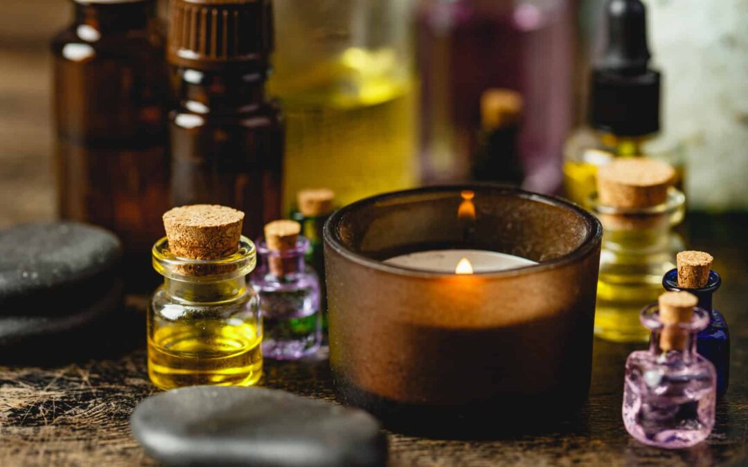 Mesa con productos de aromaterapia